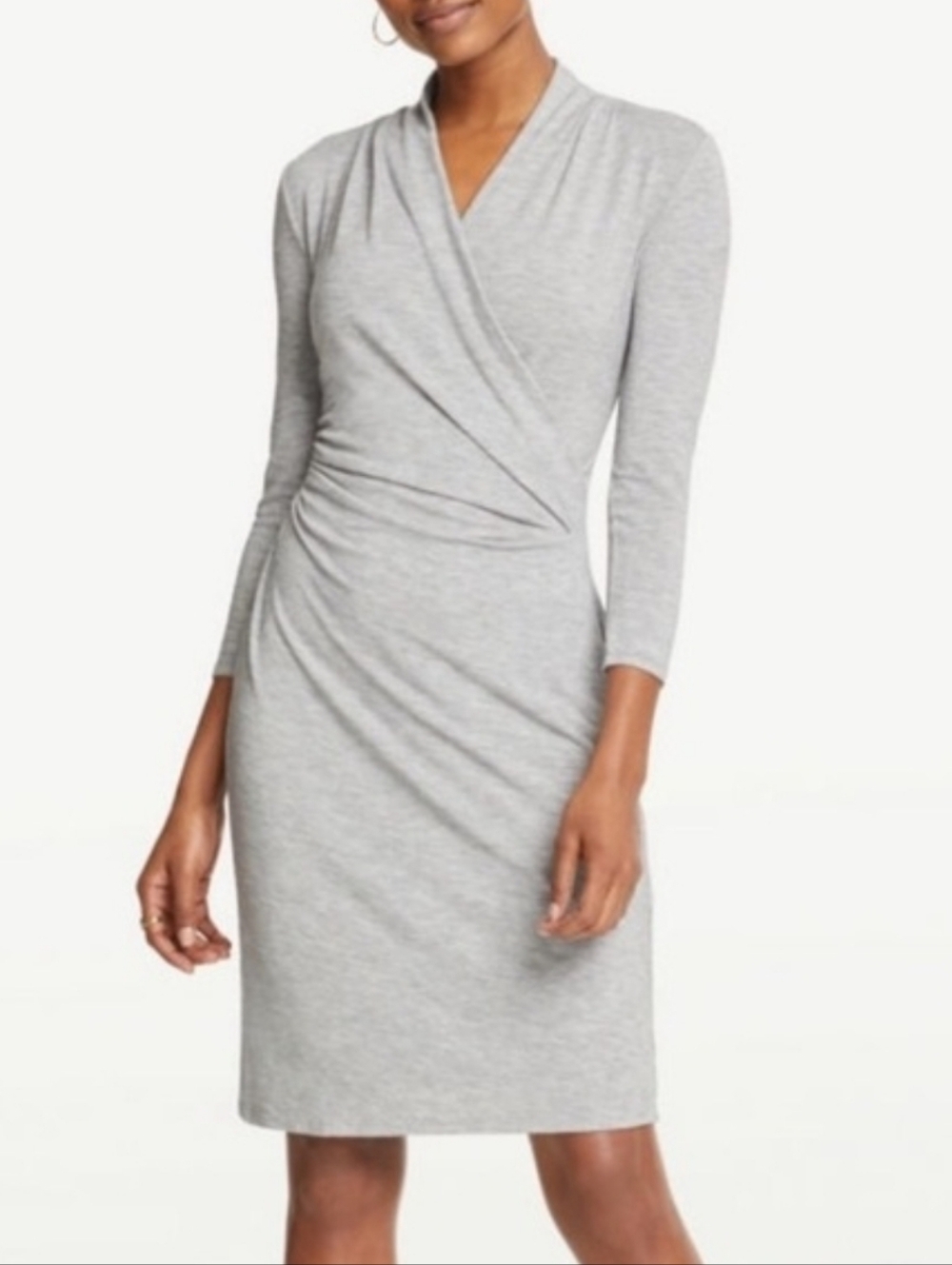Ann Taylor Light Gray Faux Wrap Front Midi Dress Lightweight, Jersey Knit, Lined